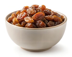 Obraz premium Glossy Fresh Raisins in Elegant Bowl on White Background, 8K Food Stock Photo
