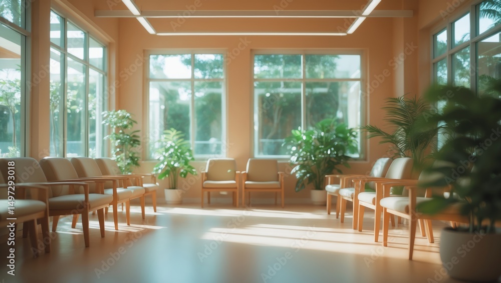 Poster hazy view of a serene reception area filled with inviting seating and rich foliage.