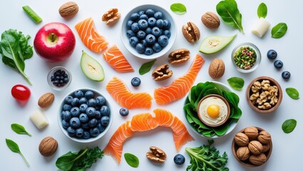 Aging-fighting foods on a white surface. Diet for a strong memory and a healthy heart. Packed with vitamins, minerals, and antioxidants. Flat lay, top-down view, and blank space