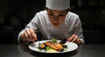 Chef meticulously plating pan-seared salmon with mussels, garnish, and sauce