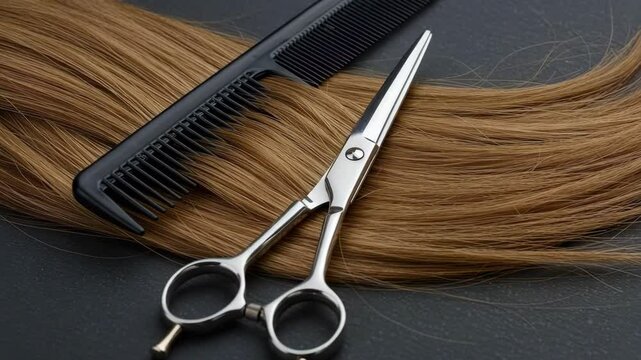 Hairdressing salon tools, scissors and comb on brown hair. Concept for beauty, fashion, self care, hairstyle, haircare, barber shop.