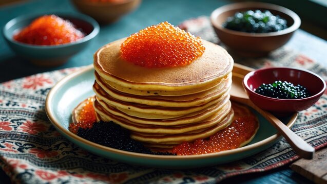 Pancakes served on a plate featuring caviar