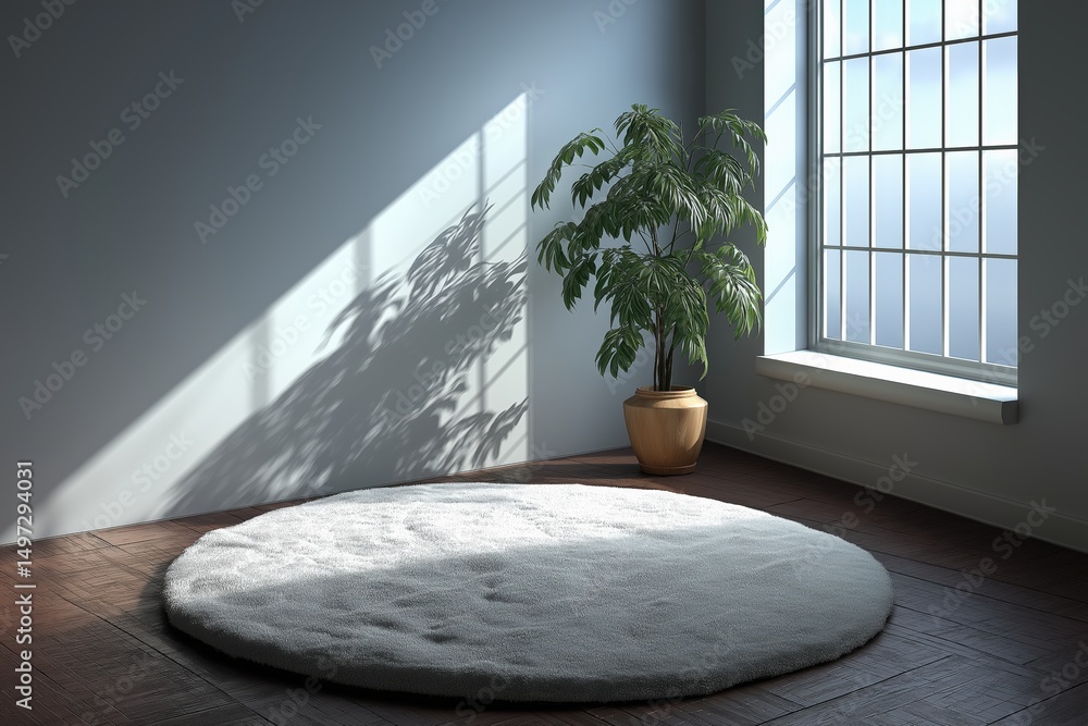 Poster sunlight streaming through the window casts intricate shadows of a potted plant on a round white car