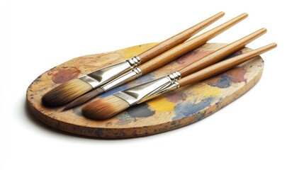 Fototapeta premium Paintbrushes rest on a used, oval-shaped wooden palette with dried paint