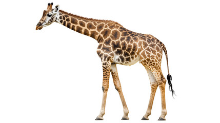 Fototapeta premium Giraffe standing alone on white background in profile view