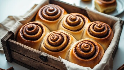 Fototapeta premium Rustic wooden box holding freshly baked sweet cinnamon buns for breakfast, featuring a linen napkin on a white backdrop. Traditional pastry with space for text. Vertical orientation.