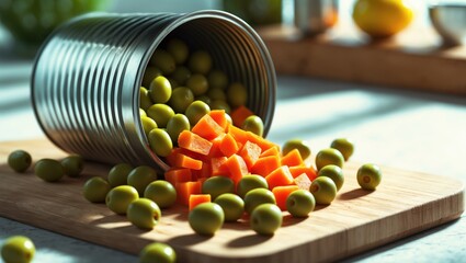 An opened can filled with a combination of peas and carrots. Light-colored background.