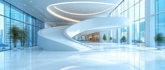 Fototapeta premium Modern Architectural Design: A Stunning White Spiral Staircase in a Luxurious Glass Building Lobby