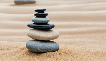 A tranquil stack of zen stones, a balanced pebble pyramid in a calm arrangement on the beach