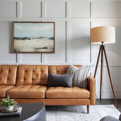 Modern living room featuring a brown leather sofa, decorative pillows, and a stylish floor lamp
