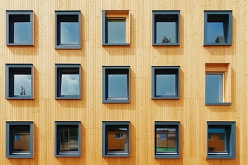 Fototapeta premium Modern wood-clad building facade with numerous square windows reflecting the sky