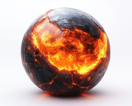 image of fiery volcanic sphere with lava cracks on white background depicting intense heat and geological power