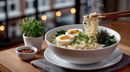 A steaming bowl of ramen with soft-boiled egg, nori, and chili oil