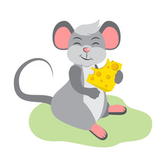 Cartoon mouse eating cheese. Vector flat illustration. Vector 10.