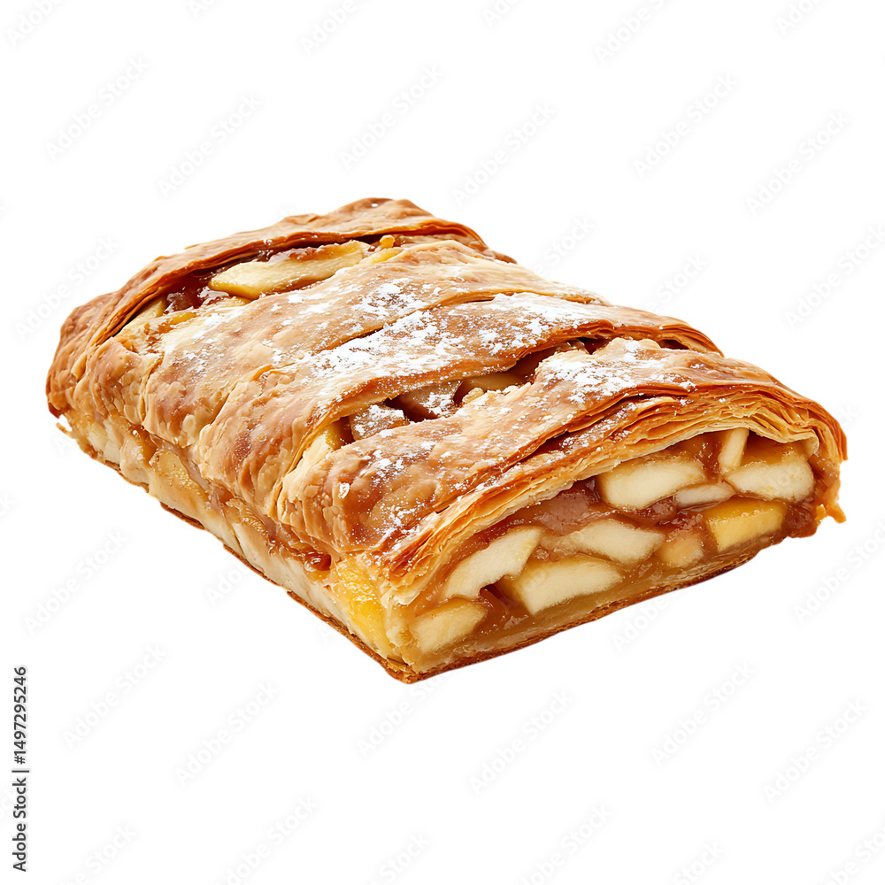 Poster close-up of a slice of apple strudel sprinkled with powdered sugar on a transparent background
