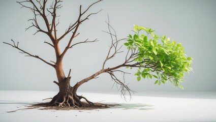 Isolated background featuring a lone dead tree and a young shoot from the same root