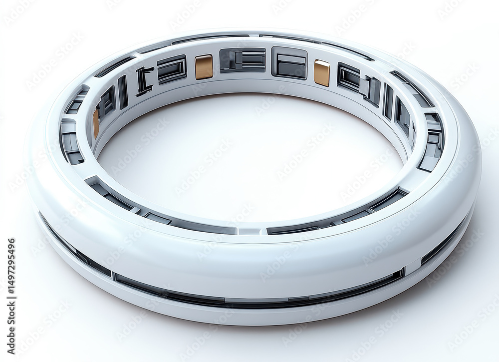 Poster futuristic circular device with intricate design and metallic elements isolated on white background
