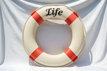 Cream and Red Life Preserver with Life Text on White Background