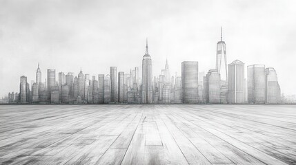 Sketchy Cityscape: A Monochromatic View of a Modern Metropolis from a Wooden Platform