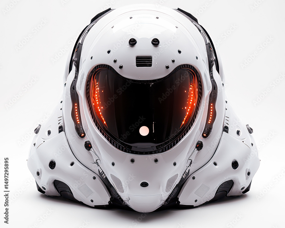 Poster futuristic helmet with illuminated visor and intricate details on white background high technology c
