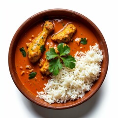 Top-Down Flat Lay of Chicken Curry in Pan with Colorful Spices and Dried Mushrooms on White Background – Professional Food Photography