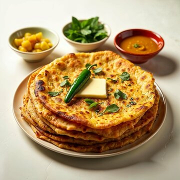 Stacked Golden-Brown Indian Parathas with Melting Butter and Fresh Herbs, Served with Colorful Chutneys and Dips on White Background