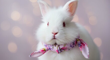 Obraz premium Adorable White Bunny Rabbit with Floral Neck Scarf Soft Bokeh Background Pet Portrait