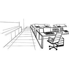 Hand-drawn vector illustration of a modern office interior with desks, chairs, and office supplies, showcasing a clean, minimalist workspace design in black and white line art.