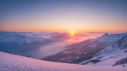 Sunset Illuminating Snow-Capped Mountains in a Serene Winter Landscape