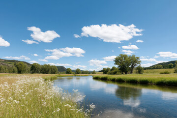 Obraz premium serene summer landscape along river floodplain in alberta showcasing lush greenery and gentle river flow