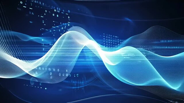 Abstract digital waves with binary code background representing technology and data flow concepts