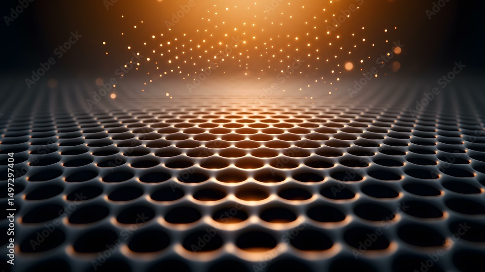 Poster the image shows a dark gray honeycomb-shaped surface with small, warm-toned lights floating above it