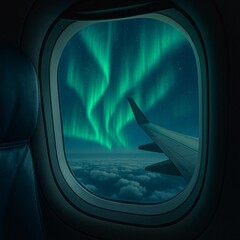 Airplane Window Captures Mystical Aurora Borealis Over Scenic Night Sky