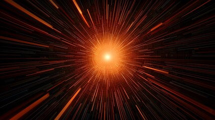 The image shows an abstract representation of a tunnel or vortex, composed of numerous radiating lines of varying shades of orange and dark brown, converging towards a bright, central point of light.