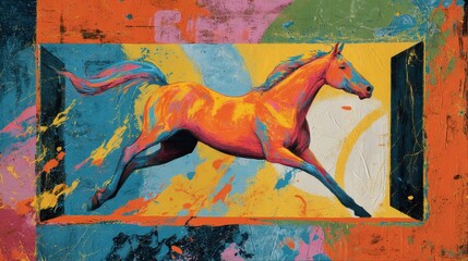 Vibrant painting of a galloping horse in a colorful frame.