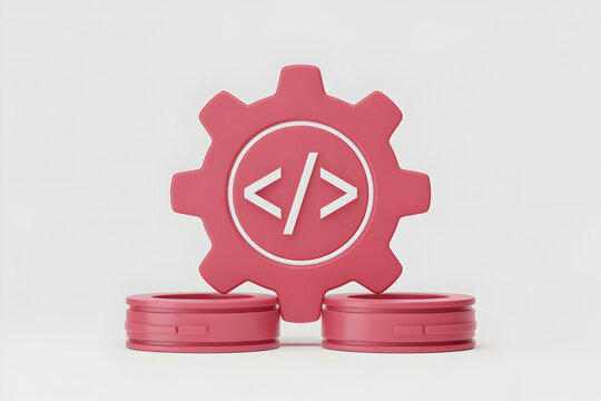 Pink Gear with Code Symbol on White Background