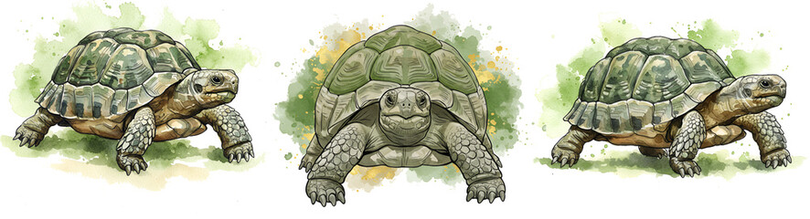 Three tortoise depictions with watercolor effects in a row on a transparent canvas space art on transparent background