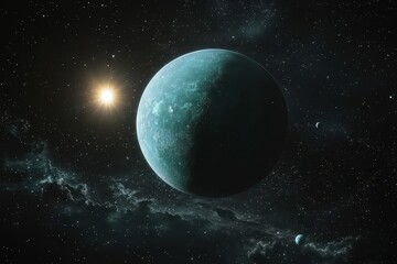 Obraz premium Stunning Cosmic Scene of a Blue Planet with Star and Moons in Deep Space