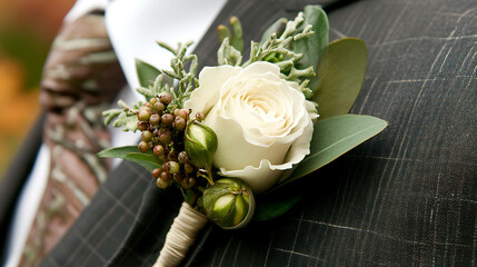 A groom's suit with a stylish boutonniere featuring a white rose and greenery