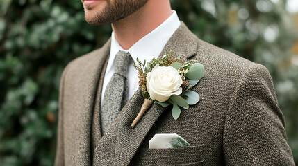 A groom's suit with a stylish boutonniere featuring a white rose and greenery