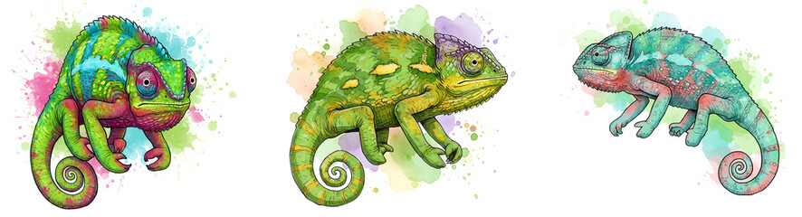 Three colorful chameleons with watercolor splashes in various shades of green and other vibrant hues on transparent background