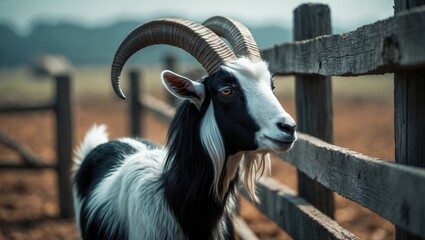Near a weathered wooden fence stands a long-haired goat with curved horns, staring into the distance. The goat's thick coat and unique patterns contribute to its remarkable presence.