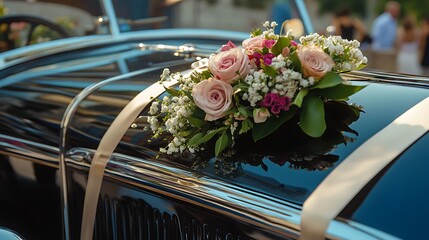A luxury car decorated with ribbons and floral accessories for a wedding
