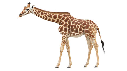 Naklejka premium Giraffe in Silhouette: A magnificent giraffe gracefully strides against a blurred background, its iconic spotted coat and towering height commanding attention.