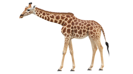 Giraffe in Silhouette: A magnificent giraffe gracefully strides against a blurred background, its iconic spotted coat and towering height commanding attention.