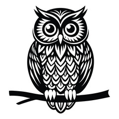 Owl Silhouette on Branch, Owl sitting on a tree branch vector silhouette, Outline of Perched Owl Silhouette