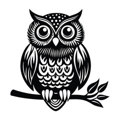 Owl Silhouette on Branch, Owl sitting on a tree branch vector silhouette, Outline of Perched Owl Silhouette