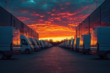 Obraz premium Fleet of Delivery Vans Lined Up at Sunset with Dramatic Sky and Vibrant Colors Reflecting on Vehicles