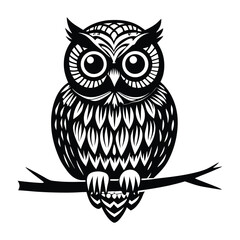 Owl Silhouette on Branch, Owl sitting on a tree branch vector silhouette, Outline of Perched Owl Silhouette