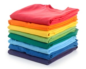 Colorful Folded T-Shirts on Pure White Background, 8K Laundry Product Photo